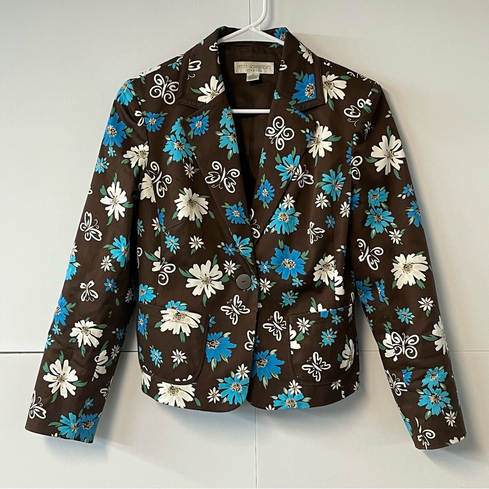 Petite Sophisticate Stretch Brown Floral Blazer. Size 6.
